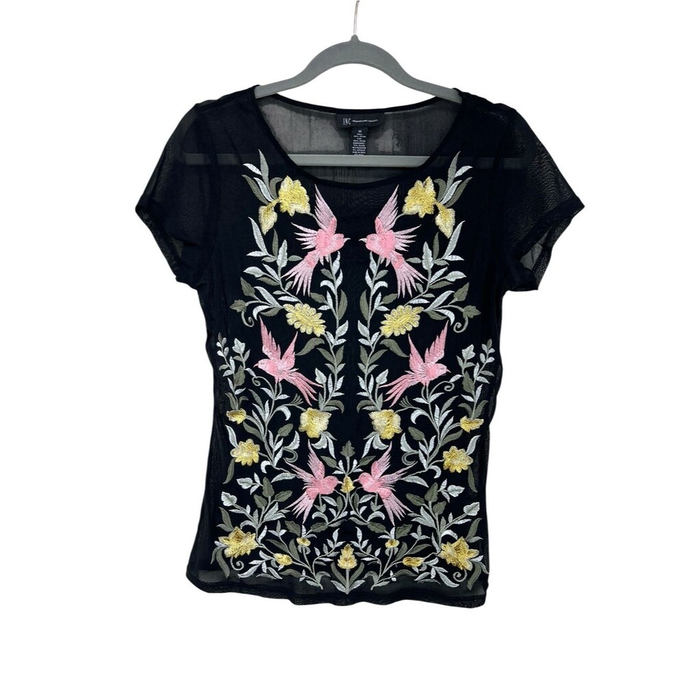 INC International Concepts Mesh Top w Intricate Bird & Flower Embroidery Medium